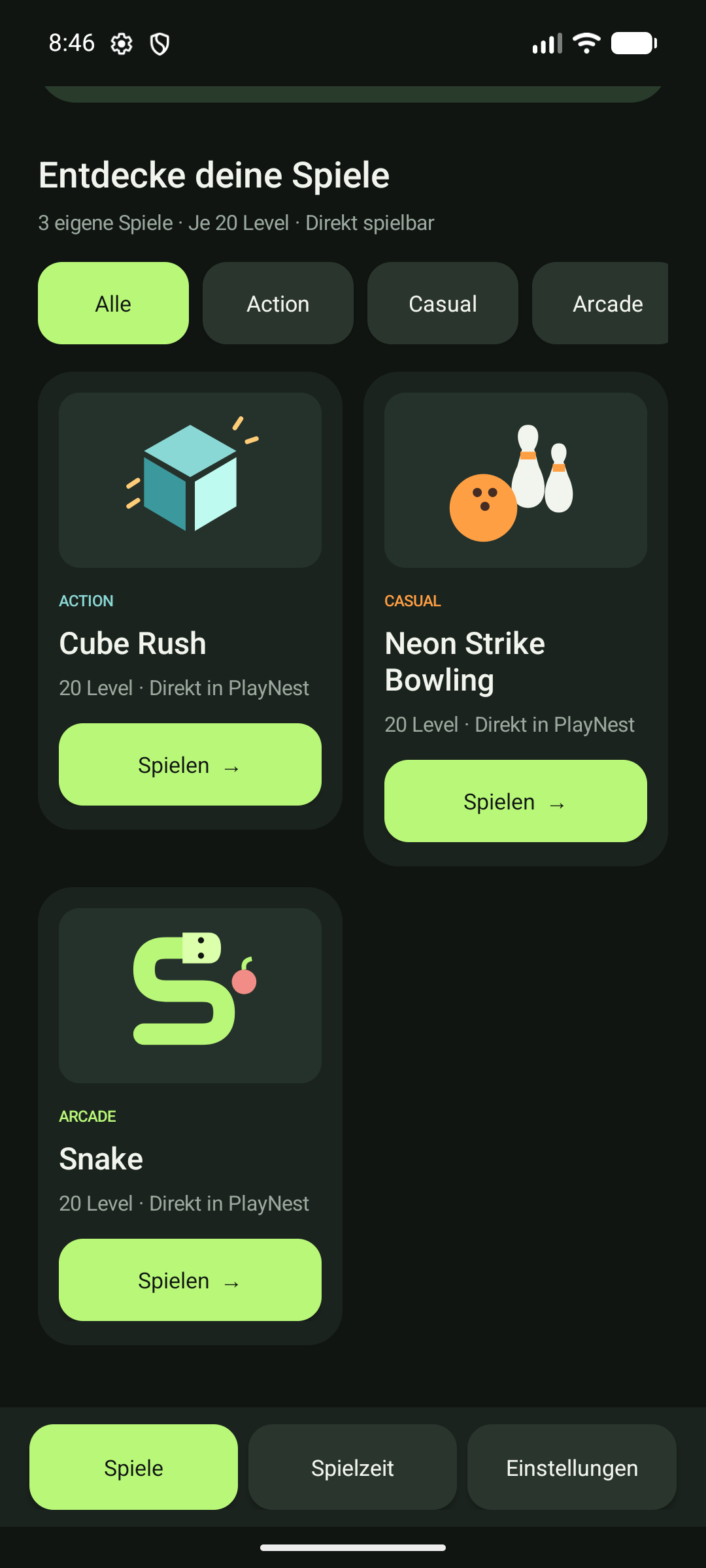PlayNest-Spieleauswahl