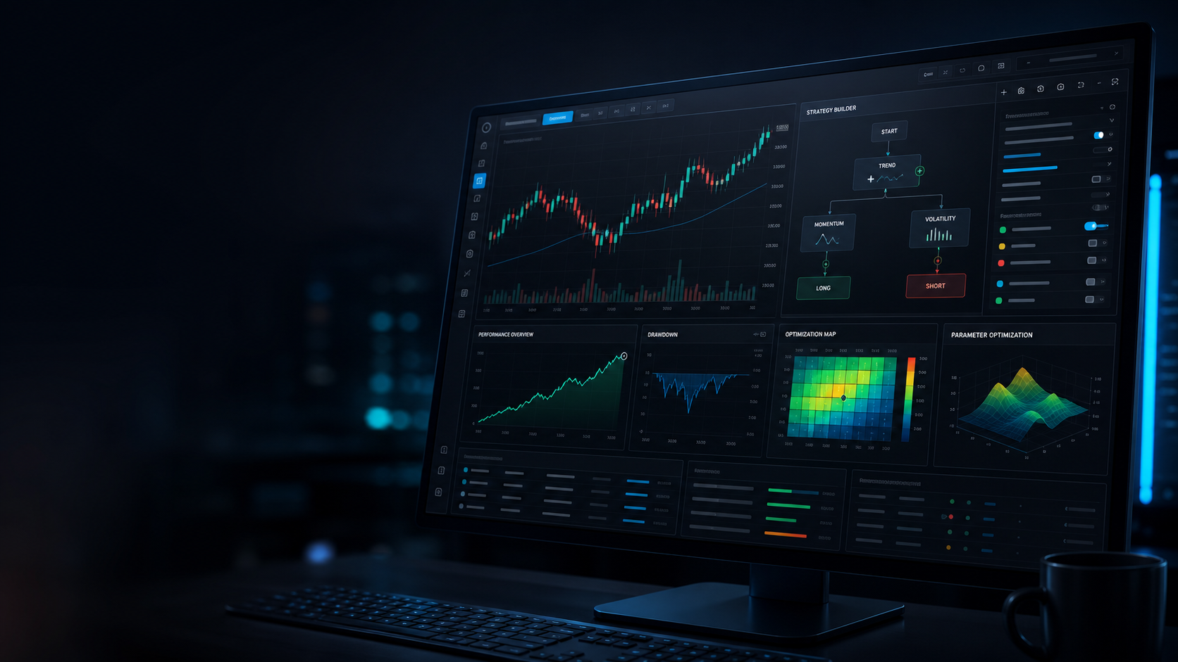 Trend Enterprise X Dashboard mit Candlestick-Chart, Strategy Builder, Equity-Kurve und Optimizer